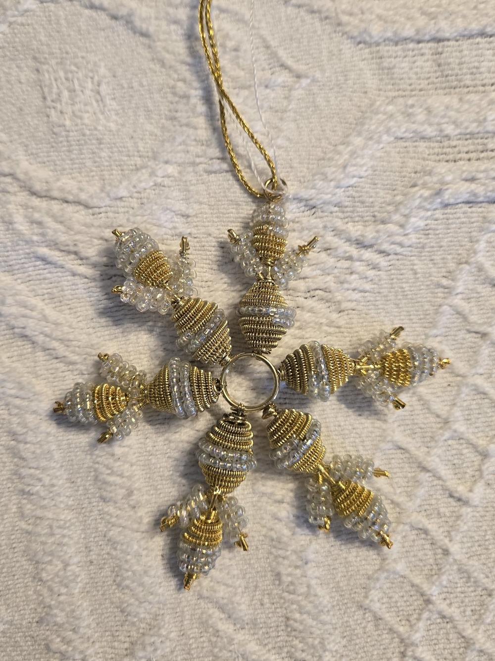 Gold and Clear Beaded Snowflake Ornament with Loop
